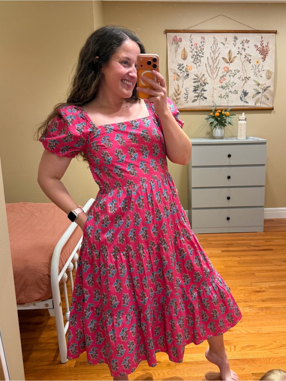 J. Crew Pink Floral Tiered Maxi Dress with Puff Sleeves Block Print Cotton 6